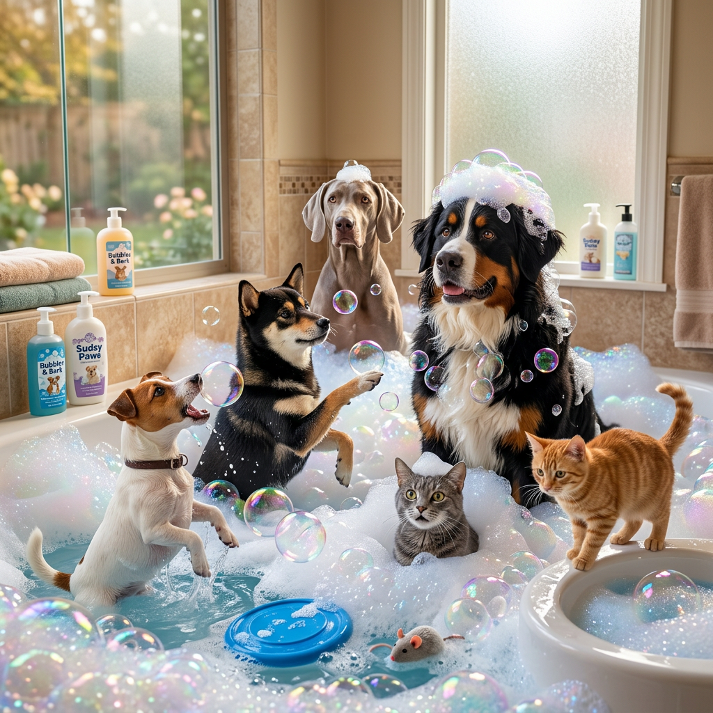 Multiple dogs and cats playing in a bathtub filled with bubbles and floating toys
